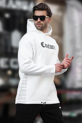 Ekru Kapüşonlu Baskılı Erkek Sweatshirt 7090