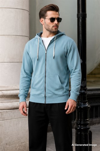 Soluk Mavi Fermuarlı Kapüşonlu Sweatshirt 6161