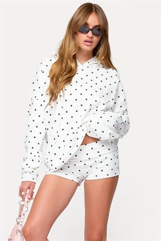 Beyaz Puantiyeli Kapüşonlu Kadın Sweatshirt Mg2560
