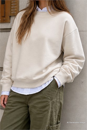 Bej Bisiklet Yaka Basic Sweatshirt MG2185