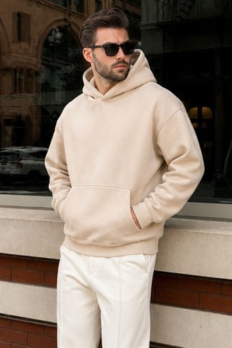 Bej Kapüşonlu Kanguru Cep Erkek Sweatshirt E7169