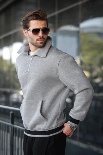 Grimelanj Fermuarlı Dik Yaka Kanguru Cep Erkek Sweatshirt E7159