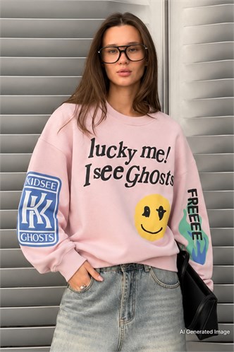 Mad Girls Printed Oversize Beige Sweatshirt Mg1206