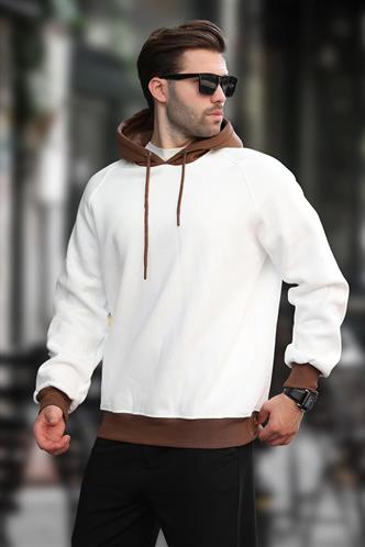Ekru Renk Bloklu Kapüşonlu Sweatshirt 7073