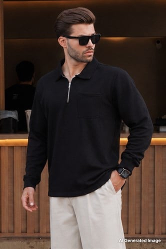 Siyah Polo Yaka Fermuarlı Uzun Kollu Erkek Sweatshirt 7057