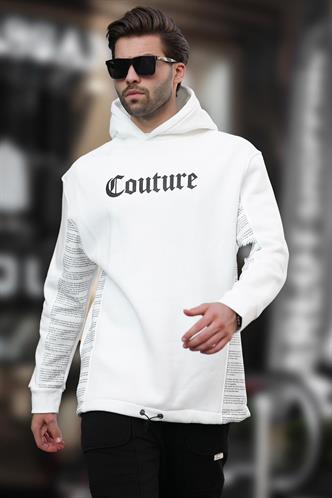 Ekru Kapüşonlu Baskılı Erkek Sweatshirt 7090
