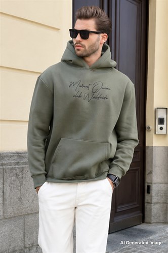 Haki Kapüşonlu Cep Detaylı Baskılı Erkek Sweatshirt 7064
