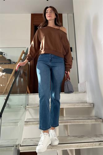 Kahverengi Kayık Yaka Kadın Sweatshirt MG2208