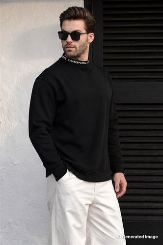 Siyah Bisiklet Yaka Şardonlu Erkek Sweatshirt 7047