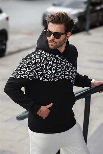 Siyah Baskılı Kapüşonlu Erkek Sweatshirt E7160