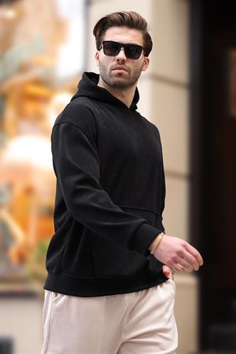 Siyah Kapüşonlu Cep Detaylı Dokulu Sweatshirt E7101