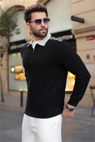 Siyah Şerit Detaylı Polo Yaka Erkek Sweatshirt E7212  