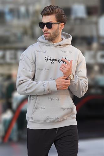 Boyalı Gri Baskılı Kapşonlu Cep Detaylı Erkek Sweatshirt 7075