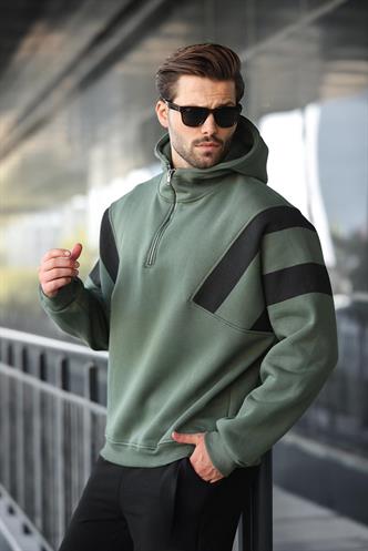 Haki Fermuarlı Yaka Kapüşonlu Erkek Sweatshirt E7161