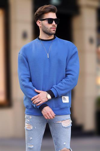İndigo Bisiklet Yaka Oversize Şardonlu Arma Detaylı Erkek Sweatshirt 7043