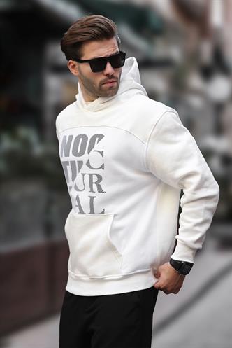Ekru Baskılı Kapüşonlu Cep Detaylı Erkek Sweatshirt 7062