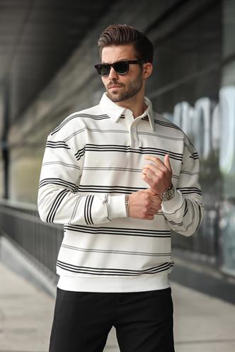 Ekru Çizgili Polo Yaka Erkek Sweatshirt E7172