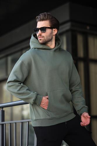 Haki Kapüşonlu Kanguru Cep Erkek Sweatshirt E7169