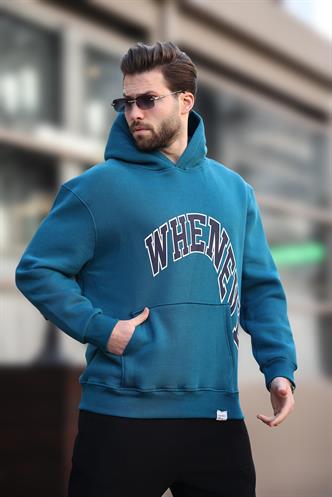 Petrol Mavisi Kapüşonlu Baskılı Cep Detaylı Erkek Sweatshirt E7065