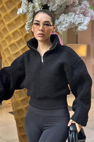 Siyah Fermuar Yaka Kürklü Kadın Sweatshirt MG2261