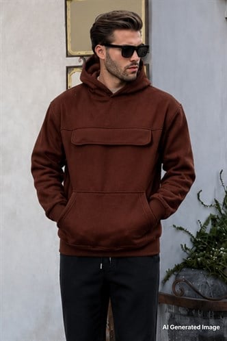 Acı Kahverengi Kapüşonlu Kapaklı Cep Detaylı Polar Erkek Sweatshirt 7097
