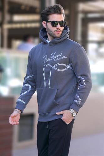 Füme Baskılı Kapşonlu Cep Detaylı Erkek Sweatshirt 7067
