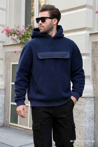 Lacivert Kapüşonlu Kapaklı Cep Detaylı Polar Erkek Sweatshirt 7097