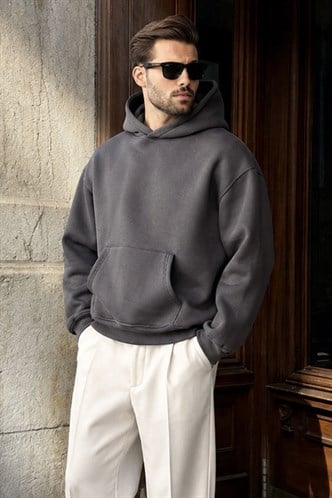 Füme Kapüşonlu Kanguru Cep Erkek Sweatshirt E7169