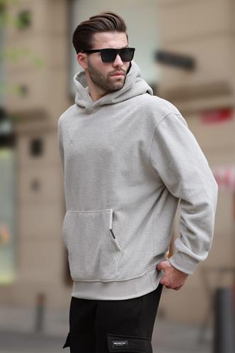 Boyalı Gri Kapüşonlu Cep Detaylı Polar Erkek Sweatshirt 7093