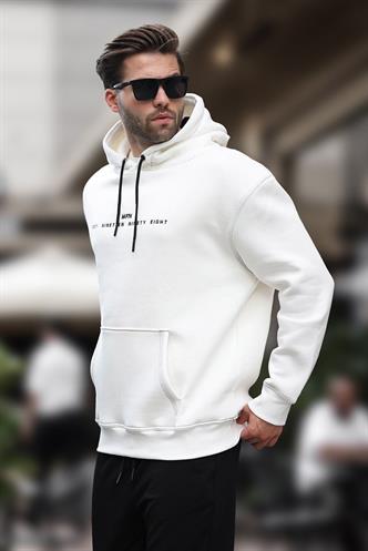 Ekru Kapüşonlu Nakış Detaylı Cepli Erkek Sweatshirt 7066