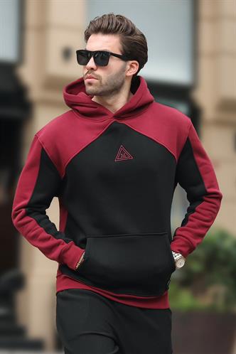Bordo Kapüşonlu Cep Detaylı Nakışlı Sweatshirt E7085