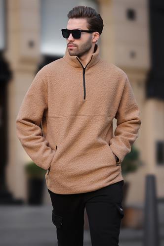 Bej Dik Yaka Yarım Fermuarlı Buklet Sweatshirt 7084