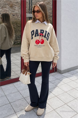 Bej Bisiklet Yaka Basic Sweatshirt MG2233