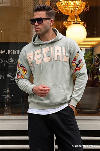 Mint Yeşili Baskılı Kapüşonlu Erkek Sweatshirt 6039
