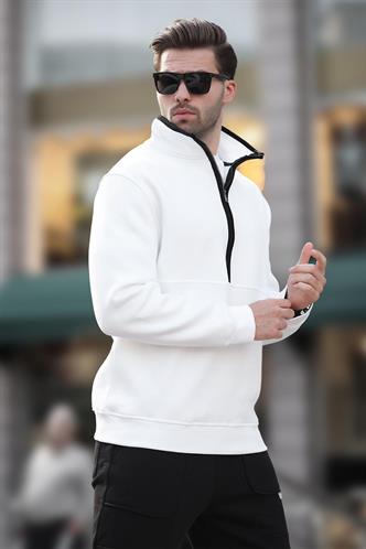 Ekru Dik Yaka Yarım Fermuarlı Sweatshirt 7079