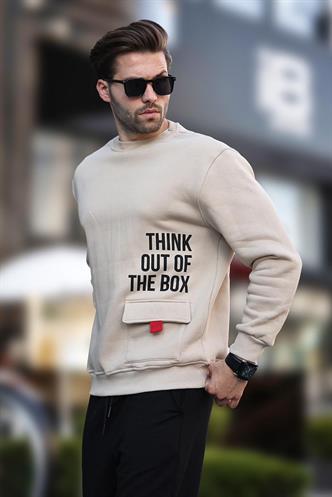 Bej Bisiklet Yaka Şardonlu Cep Detaylı Baskılı Erkek Sweatshirt 7061
