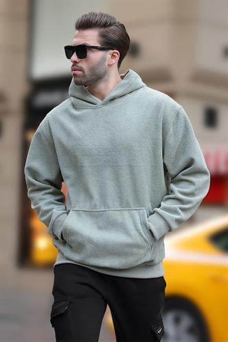 Çağla Yeşili Kapüşonlu Cep Detaylı Polar Erkek Sweatshirt 7093