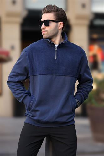 Lacivert Dik Yaka Yarım Fermuarlı Polar Sweatshirt 7096