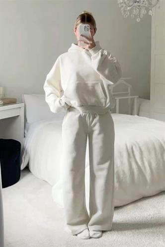 Ekru Kapüşonlu Şardonlu Oversize Cepli Sweatshirt MG2206