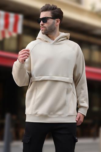 Bej Kapüşonlu Cep Detaylı Erkek Sweatshirt 7092