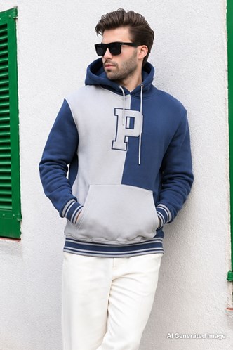 Lacivert Renk Bloklu Kapüşonlu Baskılı Erkek Sweatshirt 7078