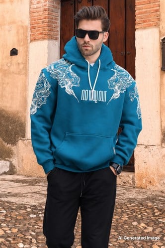 Petrol Mavisi Kapüşonlu Cep Detaylı Baskılı Erkek Sweatshirt 7052