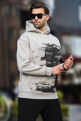 Boyalı Gri Kapüşonlu Desenli Cep Detaylı Erkek Sweatshirt 7059