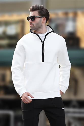 Ekru Dik Yaka Yarım Fermuarlı Sweatshirt 7079