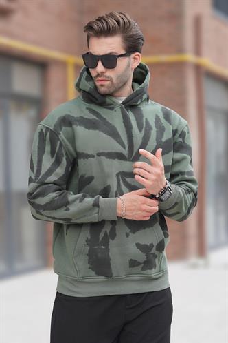 Haki Kapüşonlu Cep Detaylı Baskılı Erkek Sweatshirt 7087