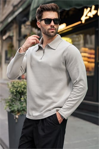 Boyalı Gri Yarım Fermuarlı Polo Yaka Dokulu Erkek Sweatshırt E7197