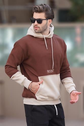Acı Kahverengi Kapüşonlu Baskılı Cep Detaylı Erkek Sweatshirt 7083