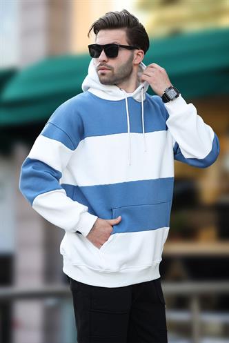 Ekru Kapüşonlu Renk Bloklu Cep Detaylı Erkek Sweatshirt 7044