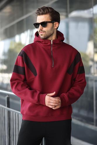 Bordo Fermuarlı Yaka Kapüşonlu Erkek Sweatshirt E7161