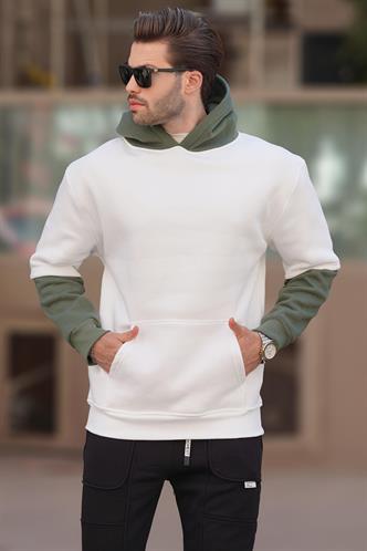 Ekru Kapüşonlu Cep Detaylı Erkek Sweatshirt 7071